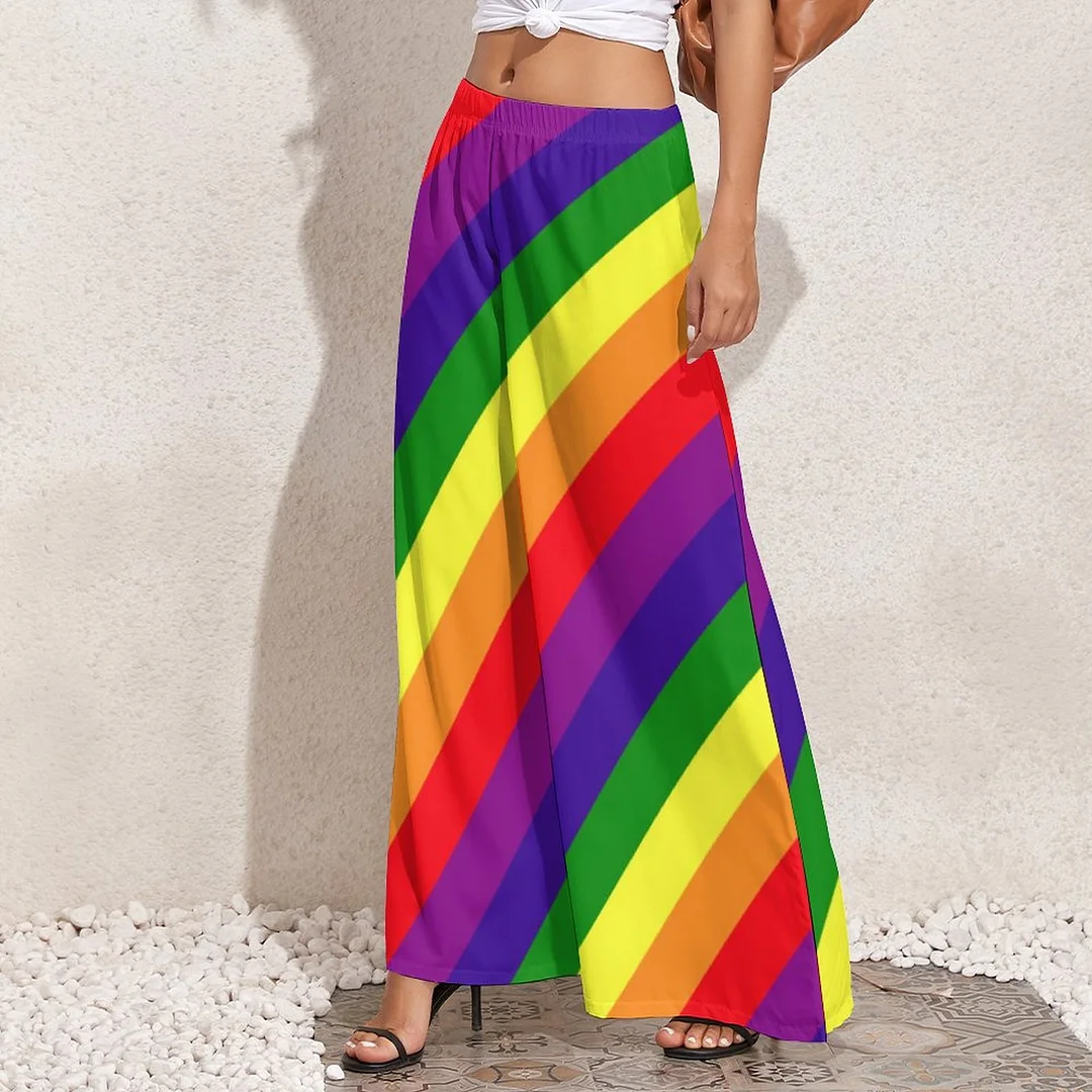 Gay Pride Lgbtq Rainbow Colors Striped Loose Fit Stretchy Wide Leg Palazzo Lounge Women Casual Loose Wide Leg Pants