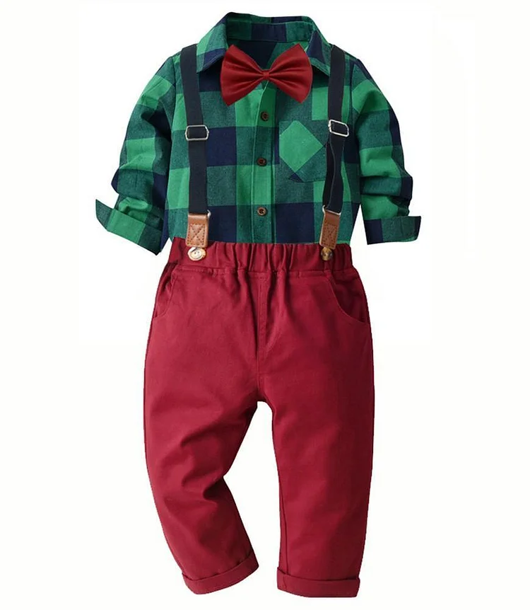 Boys Outfit Set Green Plaid Shirt With Bow Tie Red Suspender Trousers-Mayoulove