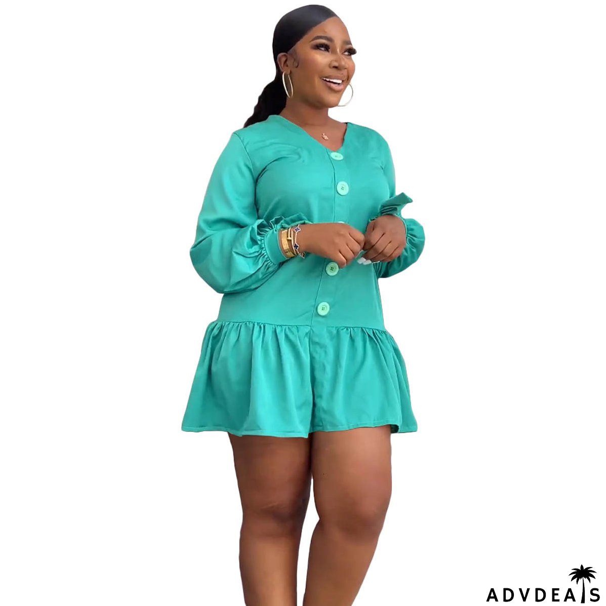 Women's Fashion Casual V-Neck Long Sleeve Ruffled Pleated Dress