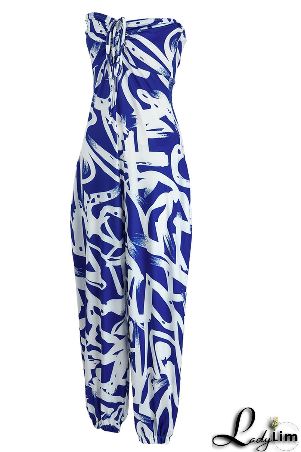 Blue Fashion Sexy Casual Print Backless Strapless Regular Jumpsuits