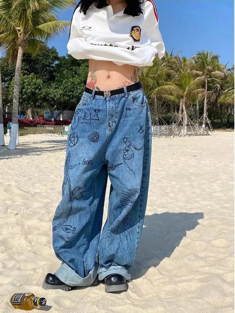 Dabasmedia High Street Style Graffiti High Waist Jeans Women's Summer Loose Versatile Straight Leg Wide Leg Pants Women's Jeans