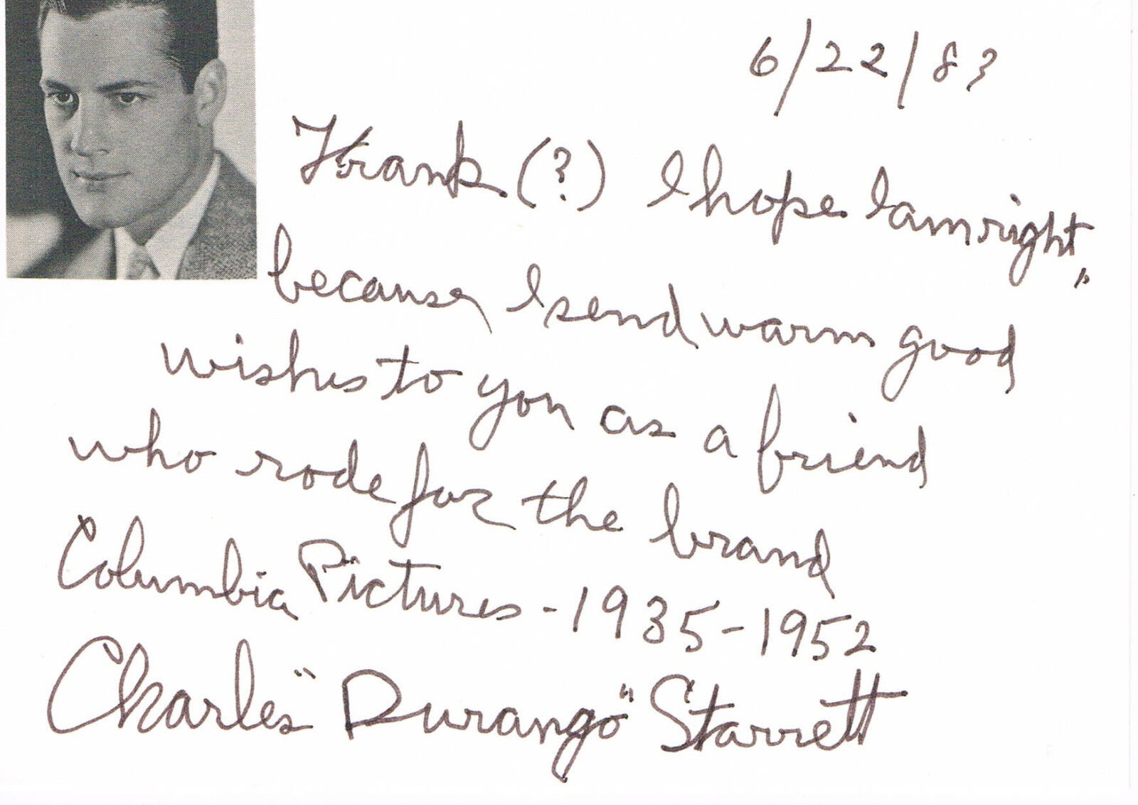 Charles Durango Starrett 1903-86 autograph signed card 4x6