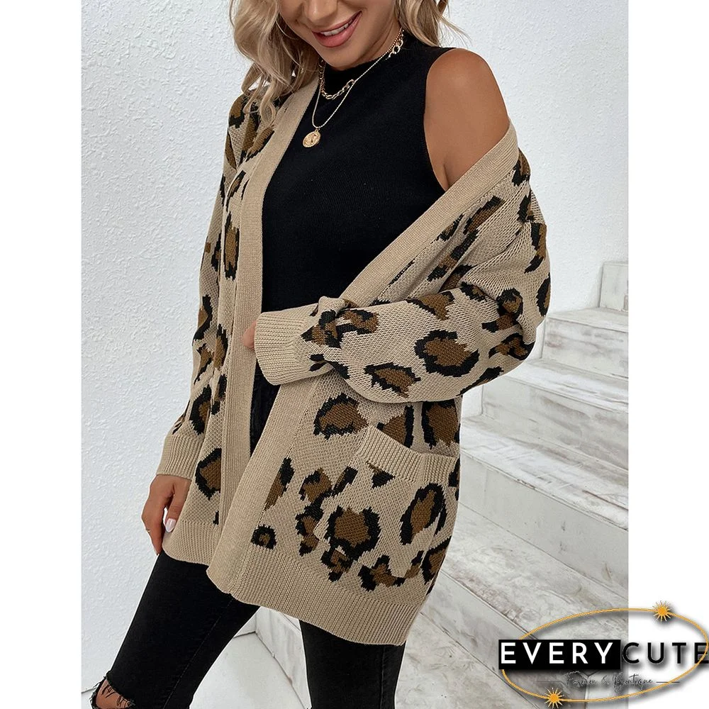 Khaki Contrast Leopard Print Pocket Open Front Cardigan