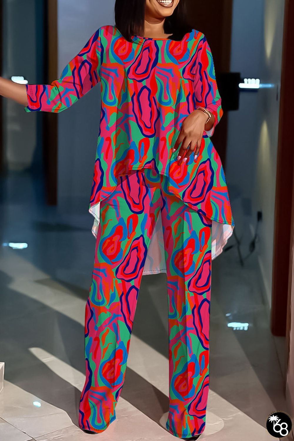 Casual Print Capris O Neck Plus Size Two Pieces | 168DEAL