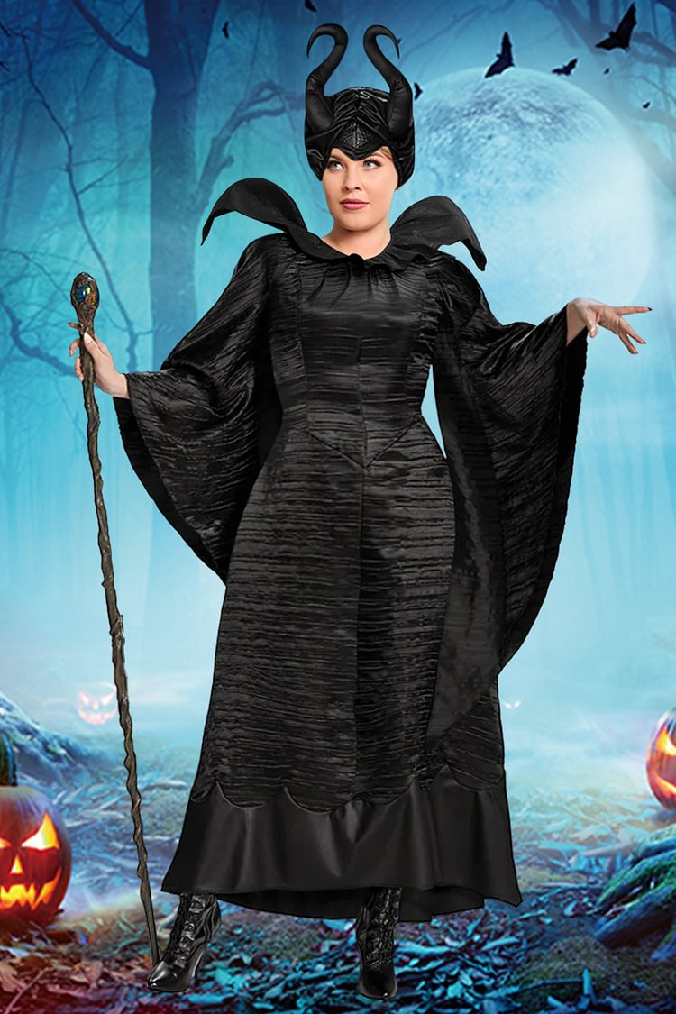 Xpluswear Design Plus Size Halloween Costumes Black Witch Maxi Dress (Without Hand Stick) (Ships 24h)