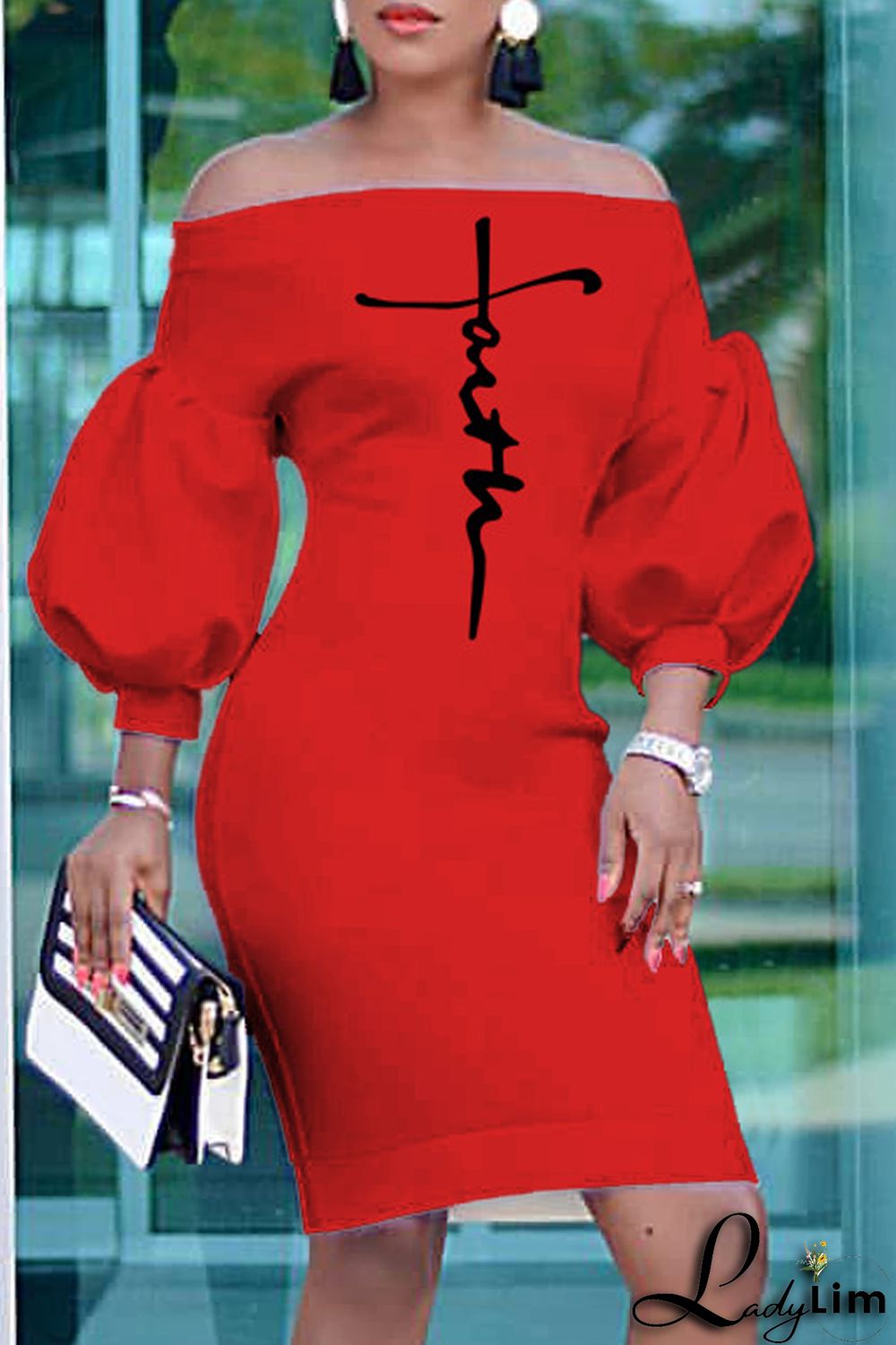 Red Fashion Casual Print Backless Off the Shoulder Dresses