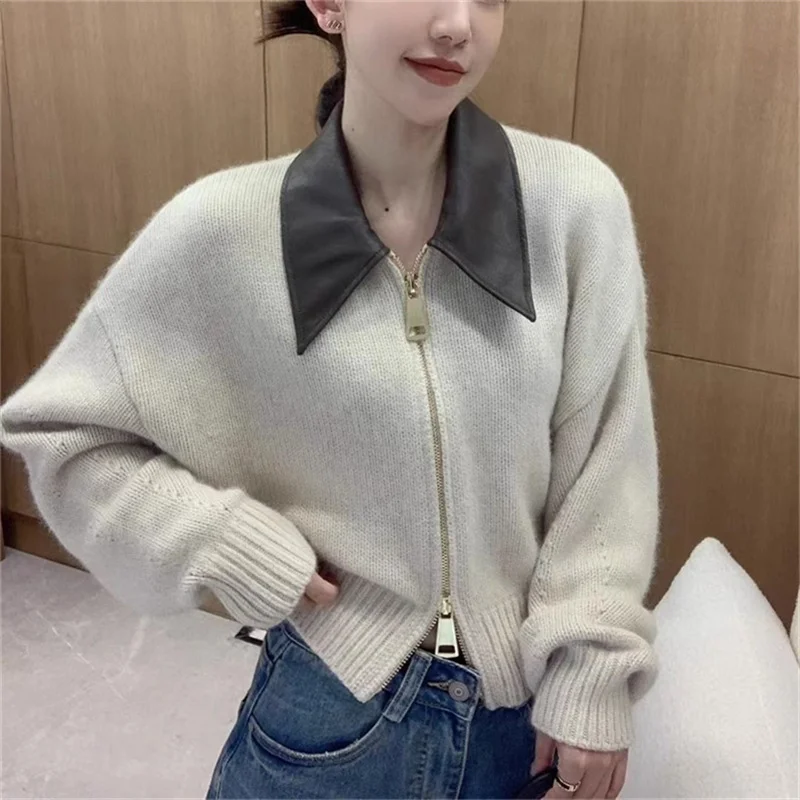Toloer Toloer Goods Sweater Coat Women's Leather POLO Collar Stitching Knit Cardigan Zipper Lazy Wind 2024 Autumn / Winter New Top-Outfit Ideas