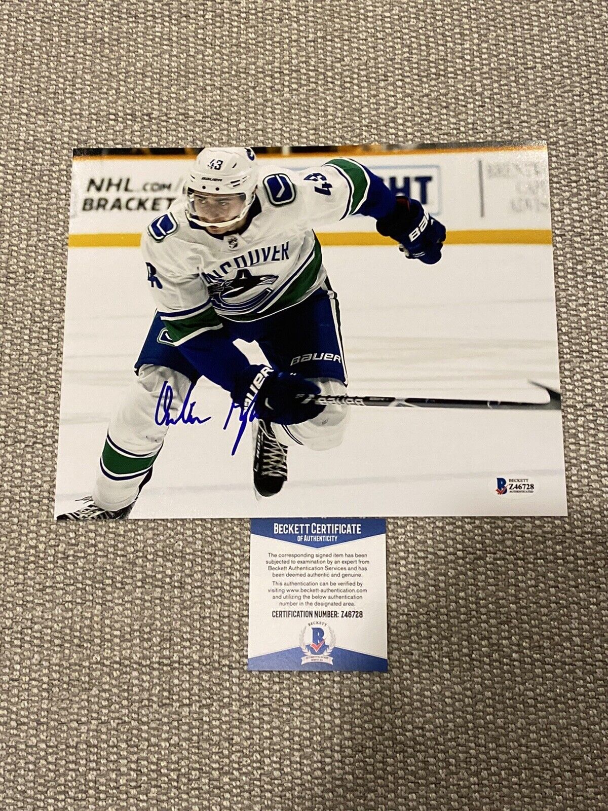 BECKETT COA! QUINN HUGHES Autographed 8x10 Photo Poster painting VANCOUVER CANUCKS Hockey