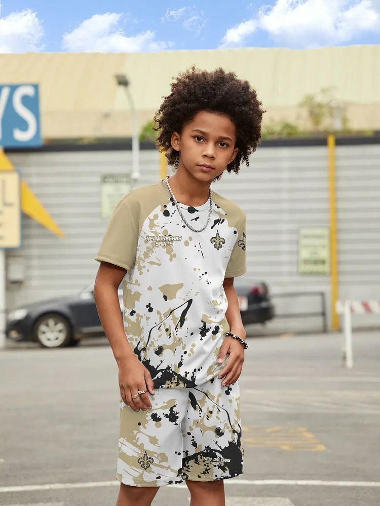 New Orleans Saints  New Design Kids（5-14Y)' Casual Crew Neck T-shirt And Drawstring Shorts  2pcs/Set