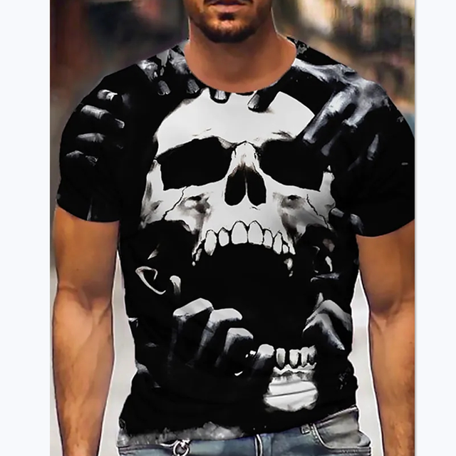 Skull Pattern Street Style Summer Short Sleeve Men's T-Shirts Black at Hiphopee