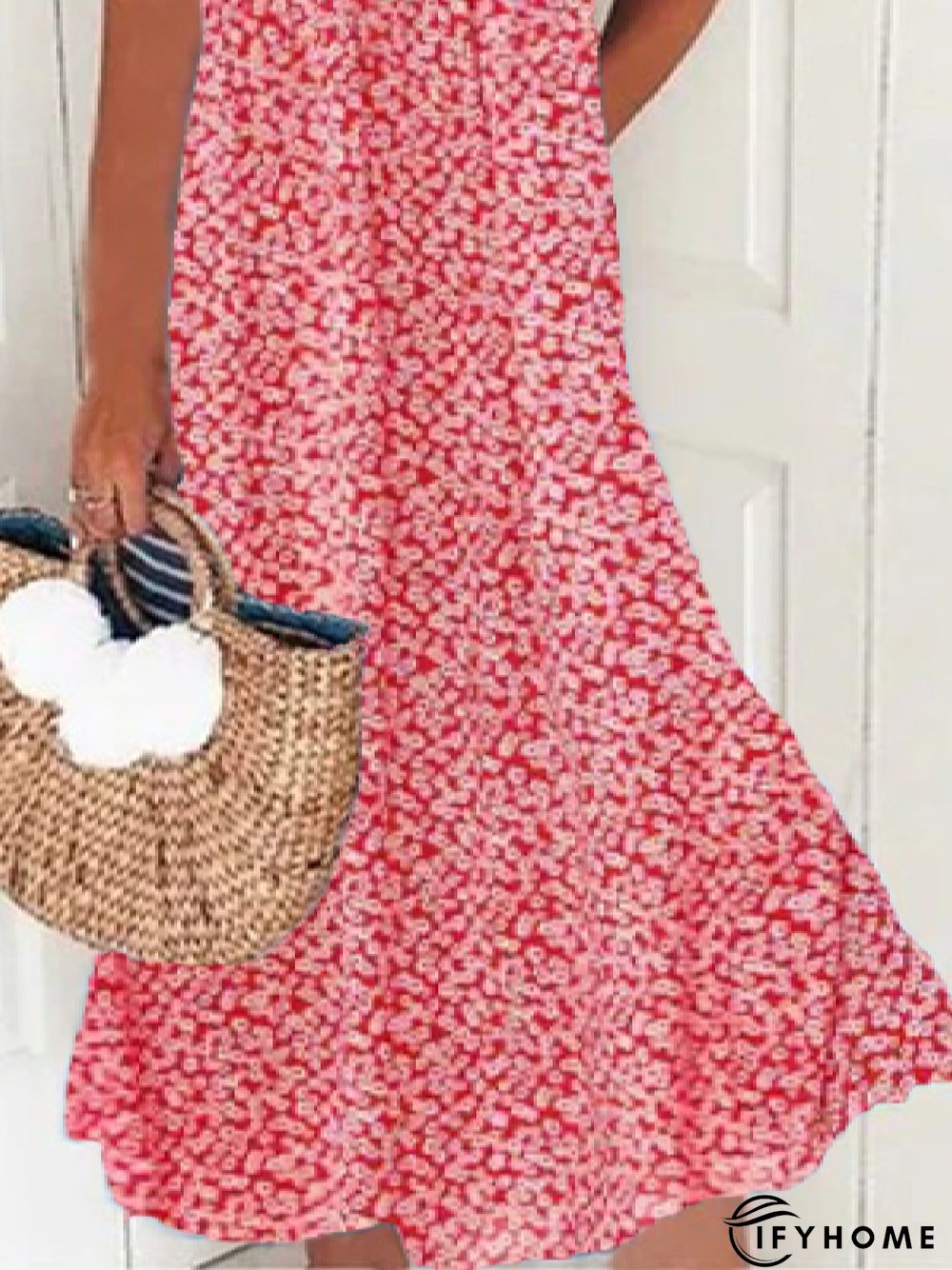 Women's Swing Dress Casual V Neck Loose Short Sleeve Floral Ruched Print Boho Dress | IFYHOME