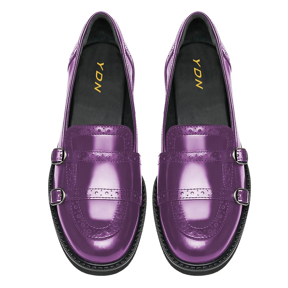 Purple Round Toe Perforated Patterns Women's Loafers with Buckles