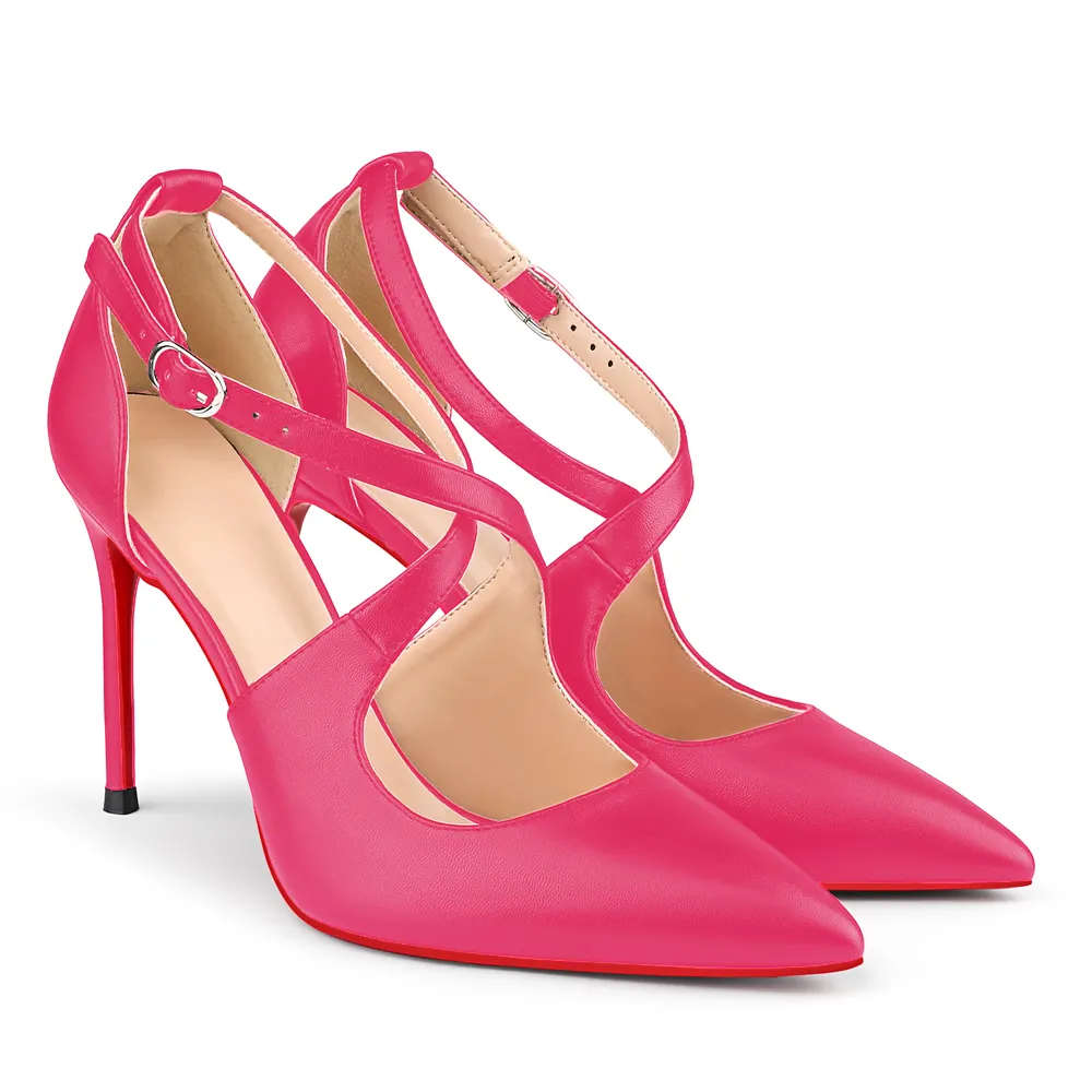 95mm Women's Pointed Toe Cross Strap Heels Red Bottoms Pumps Shoes Matte-vocosishoes