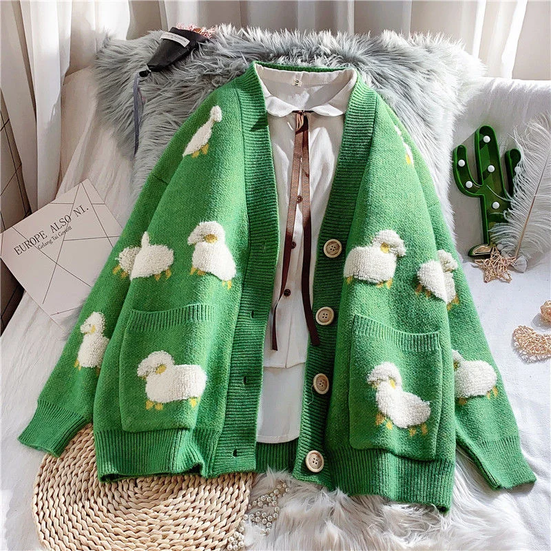 Sonicelife  Kawaii Sheep Print Oversize Sweater Cardigan Women Cute Blue Korean Style V-Neck Long Sleeve Jumper Loose Pink Coat