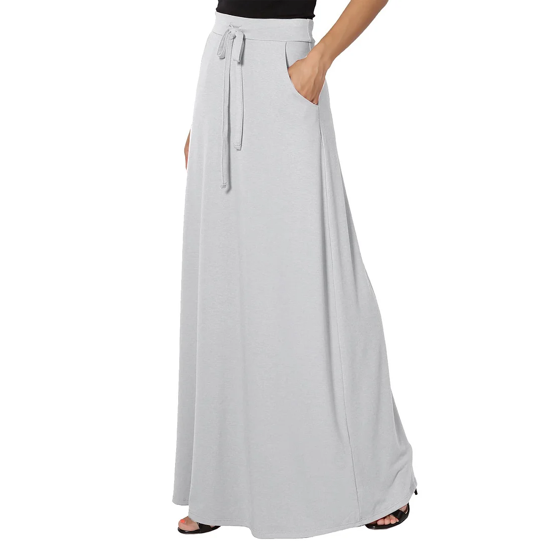 Tanguoant High Waist Solid Long Skirts Fashion Summer Women Loose Drawstring Maxi Skirts Oversized Pleated Floor-length Skirts