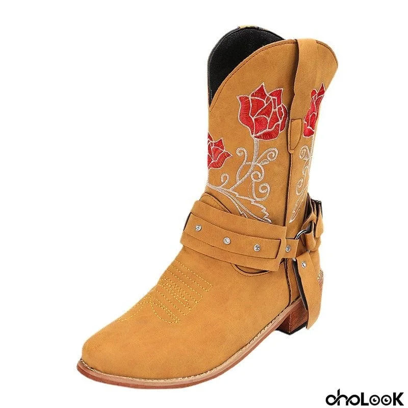 Womens Mid-Heel Fashion Embroidered Rose Mid-Calf Boots With Buckles