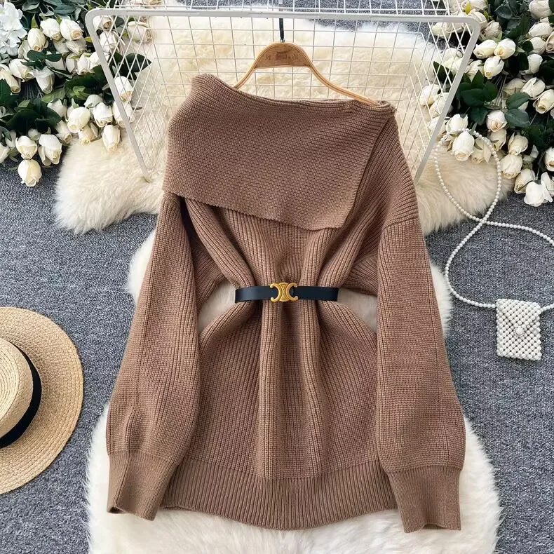 Brownm Brownm Fan High Sense Sweater 2024 Winter Belt Waist Versatile Shoulder Lapel Show Thin Chic Knit Top