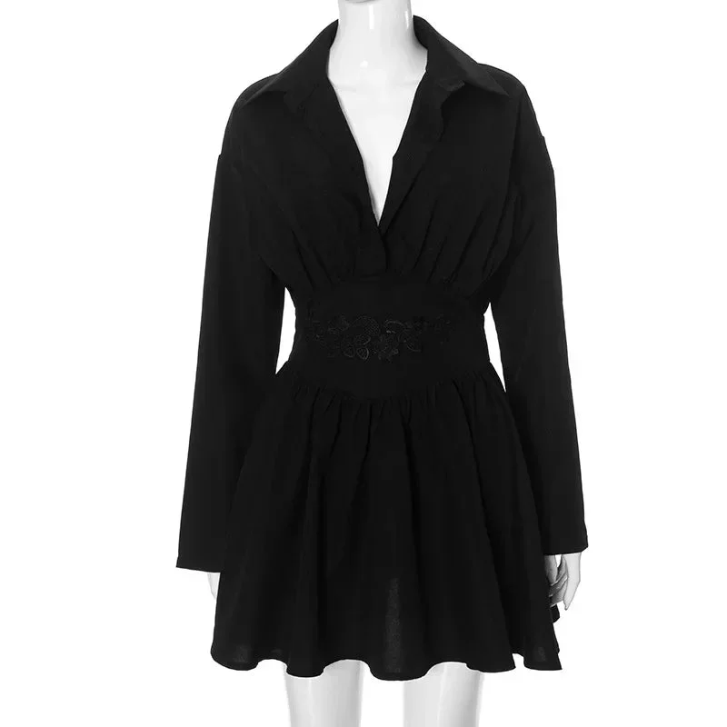 Toloer Black Embroidery Shirt Mini Dress-Outfit Ideas