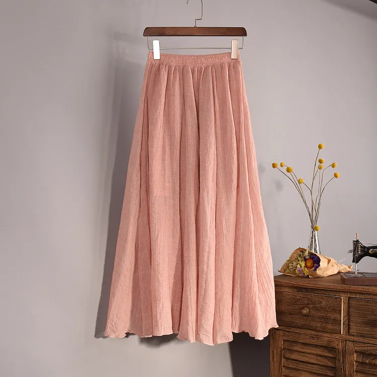 Uveng Women's Elegant 16 Color High Waist Elastic Waist Linen Pleated Long Skirts Ladies Slim Casual Skirt Saias New 2023 Summer SK05
