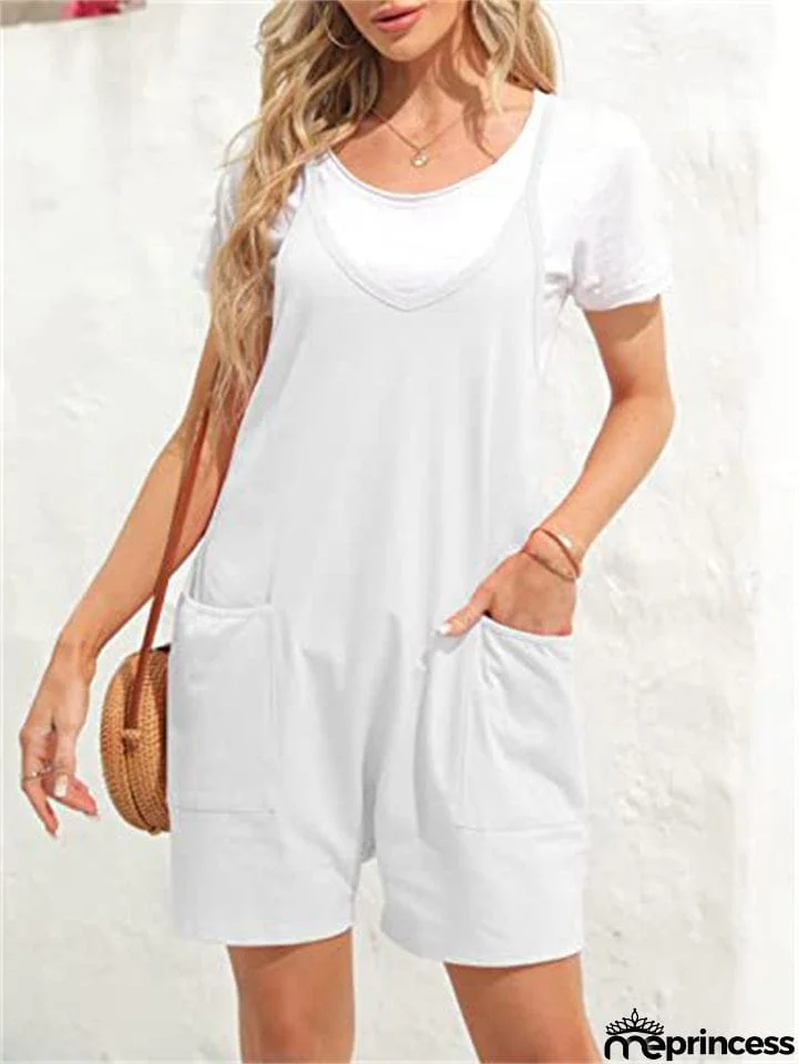 Women's Casual U Neck Sleeveless Thin Short Jumpsuit with Pocket