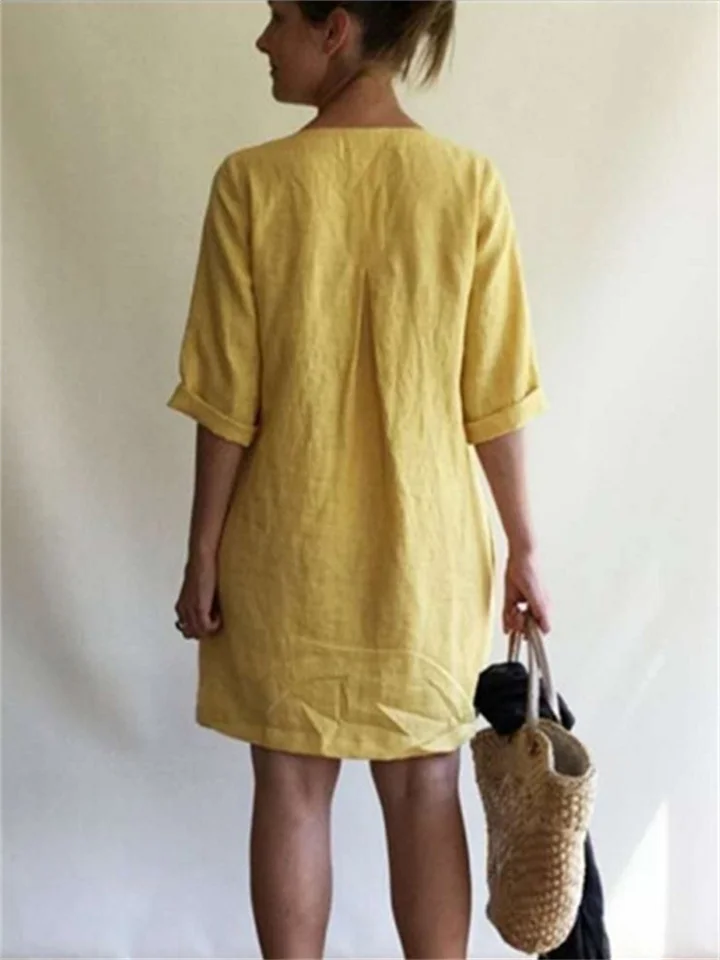 Summer V-neck Solid Color Cotton Linen Loose Dresses Women-Mixcun