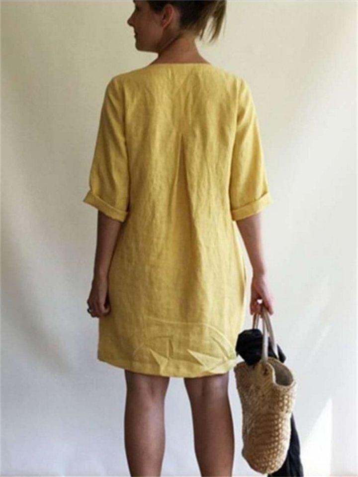 Summer V-neck Solid Color Cotton Linen Loose Dresses Women -vasmok