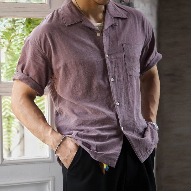 Men&rsquo;s Relaxed-Fit Short-Sleeve Linen Light Purple Shirt