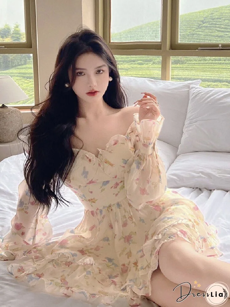 Thanksgiving Gift French Sexy Fairy Women Mini Dress Elegant Slash Neck Floral Princess Dress Off Shoulder Chic Feminine Party Ruffles Dresses
