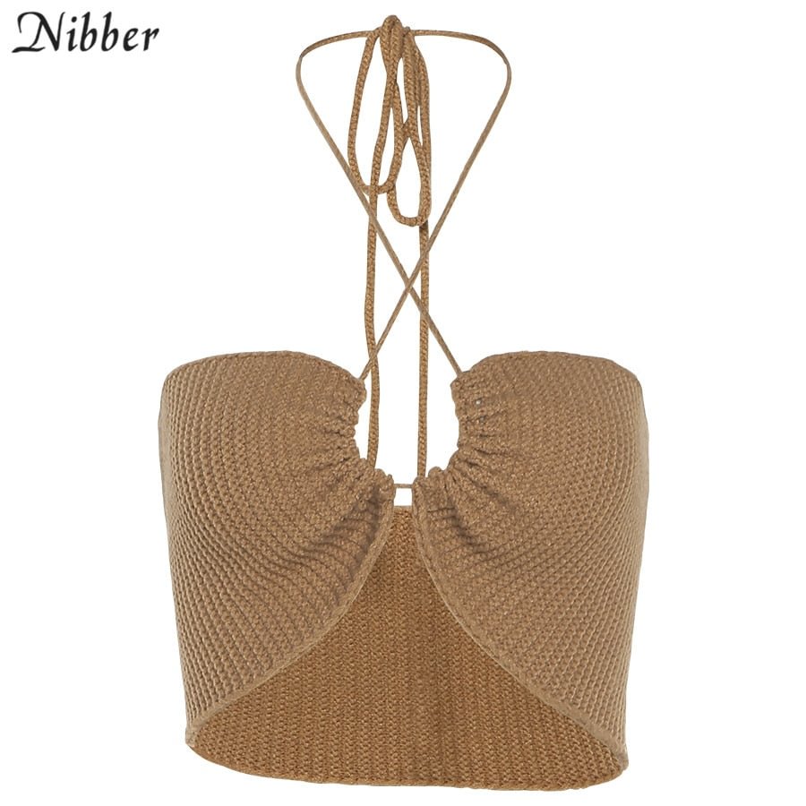 NIBBER Summer Solid Sexy Cropped Top Women Knitting Sleeveless Halter Lace Up Clothing Lady Street Casual Tank Top 2021 New