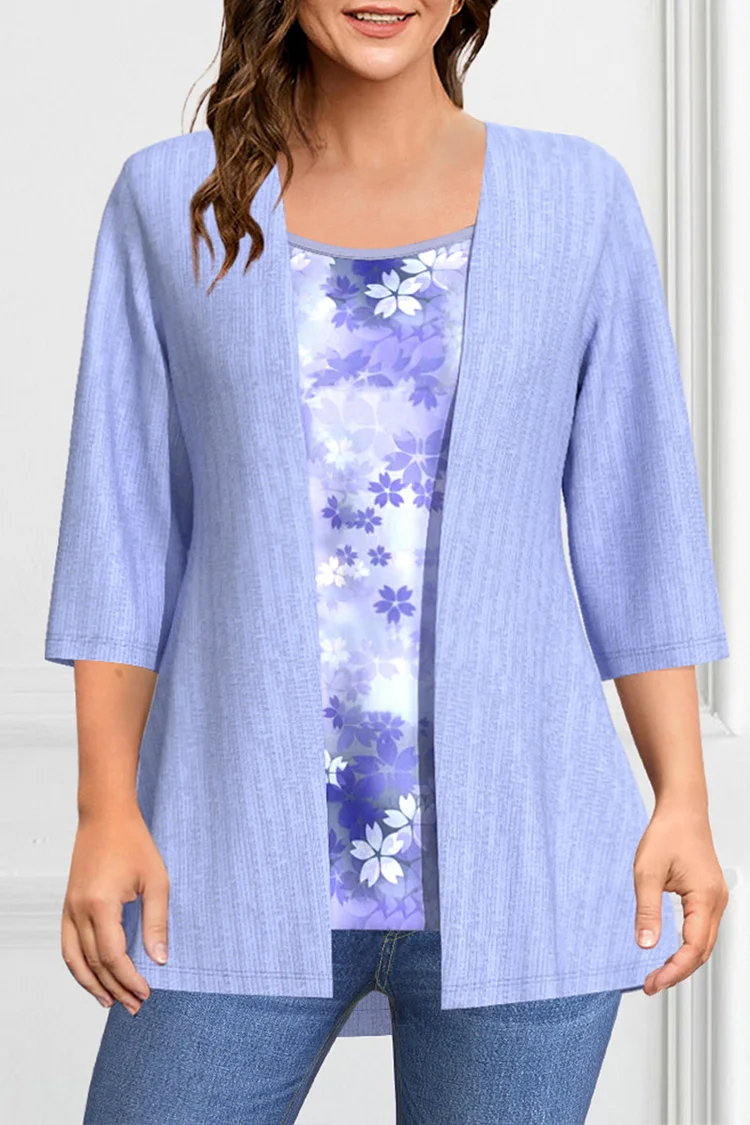 Flycurvy Plus Size Casual Lavender Chiffon Floral Print 3/4 Sleeve Two Pieces Blouse  Flycurvy [product_label]