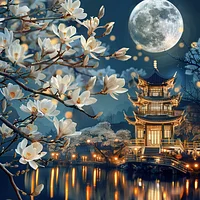 Magnolia Blossom under Moonlit Pagoda - Diamond Painting