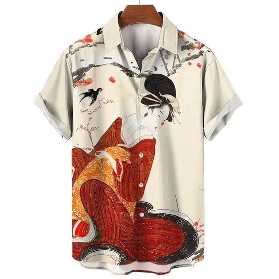 Comstylish Men's Vintage Geishas Japanese Art Linen Blend Shirt