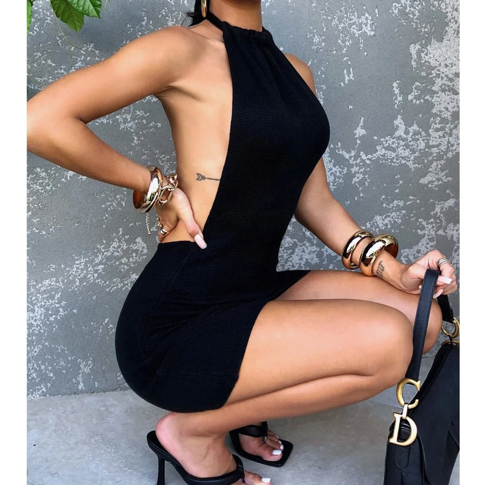 wsevypo Sexy Backless Knitted Short Dress Women's Halter Tie Up Bodycon Sundress Party Club Wear Lady Slim Mini Pencil Dress