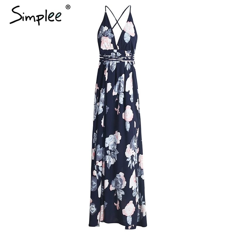 Simplee Sexy backless boho print split maxi dress Women sleeveless cross lace up beach summer dress Soft chiffon long dress robe