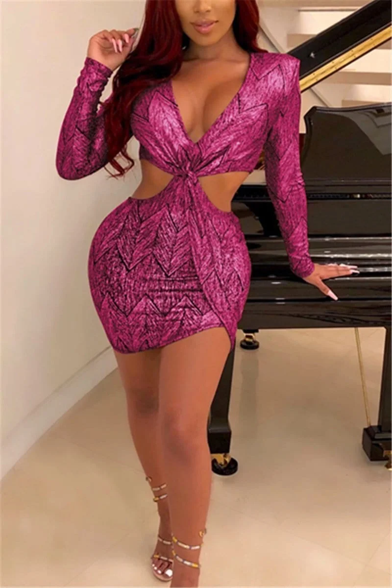 Printed Long-Sleeved Sexy Nightclub Dress
