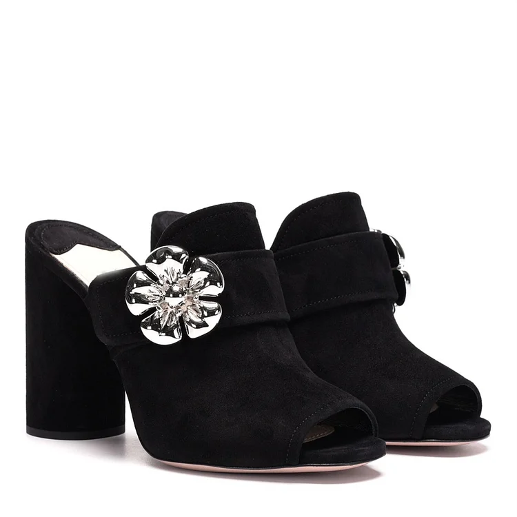 Black Suede Block Heel Peep Toe Sandals with Jewels Vdcoo