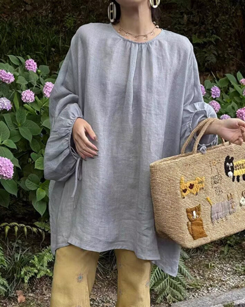 Round Neck Drawstring Lantern Long Sleeve Linen Loose Top
