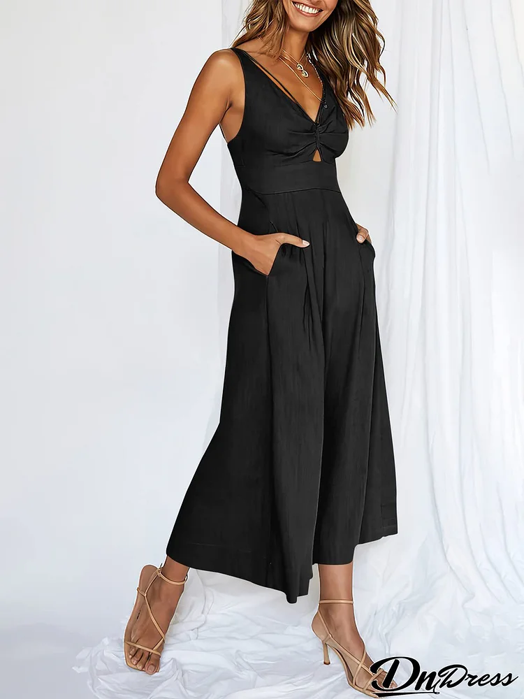 V Neck Cutout High-Waist Rompers