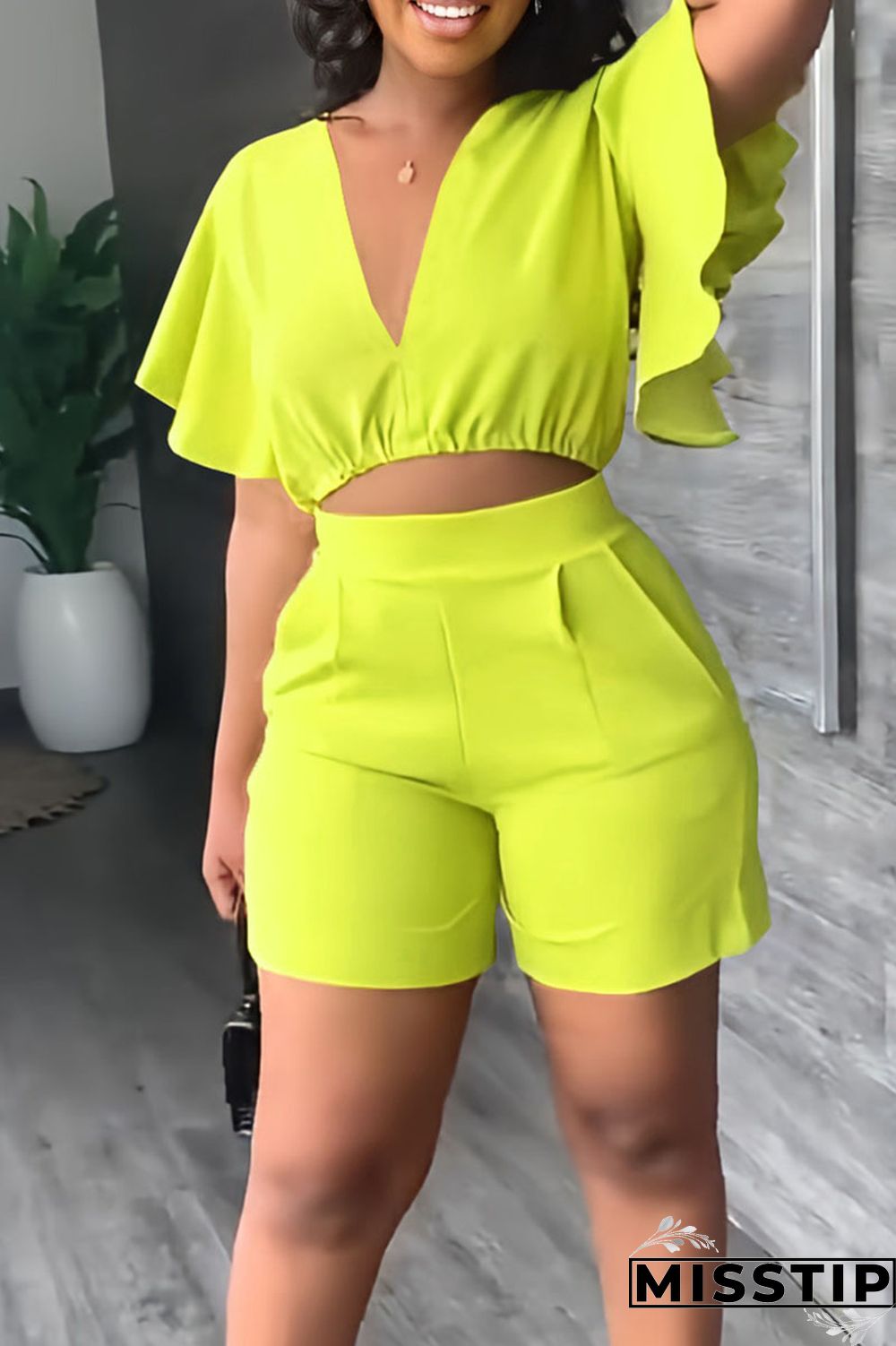 Yellow Casual Solid Patchwork Flounce V Neck Short Sleeve Two Pieces