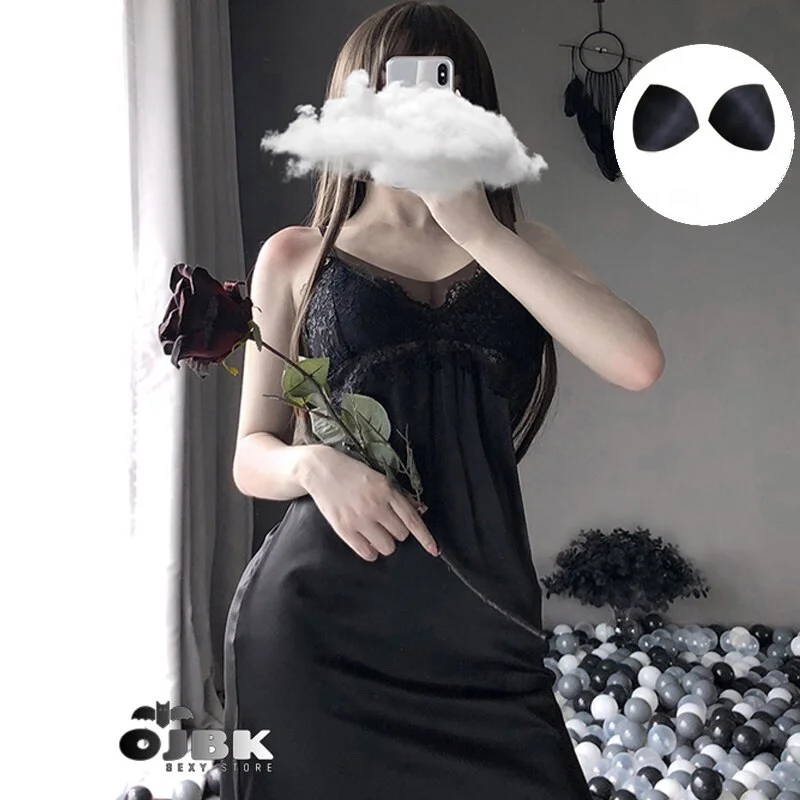 Billionm OJBK Women Nightgown Sleepwear Lingerie Dress Backless Hollow Lace V-neck Satin Nightdress Exotic Apparel  Sleepshirts Plus Size