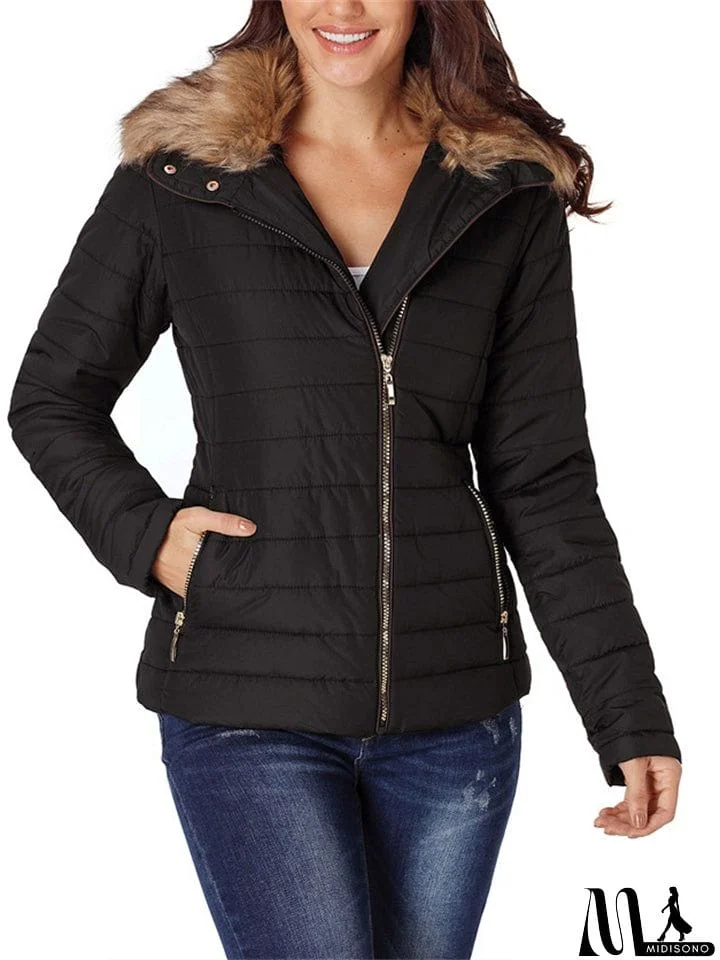 MidiSono - Womens Winter Quilted Jacket Faux Fur Collar Zip Up Puffer Coat