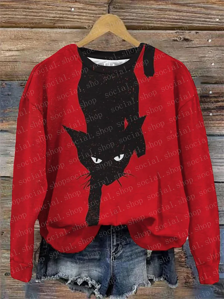 Halloween Women's Beware Black Cat Crew Neck Sweatshirt socialshop