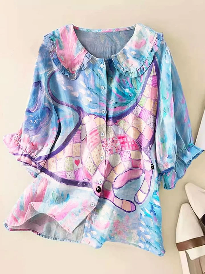 Women Vintage Abstract Manta Ray Art Print Peter Pan Collar Half Sleeve Blouses