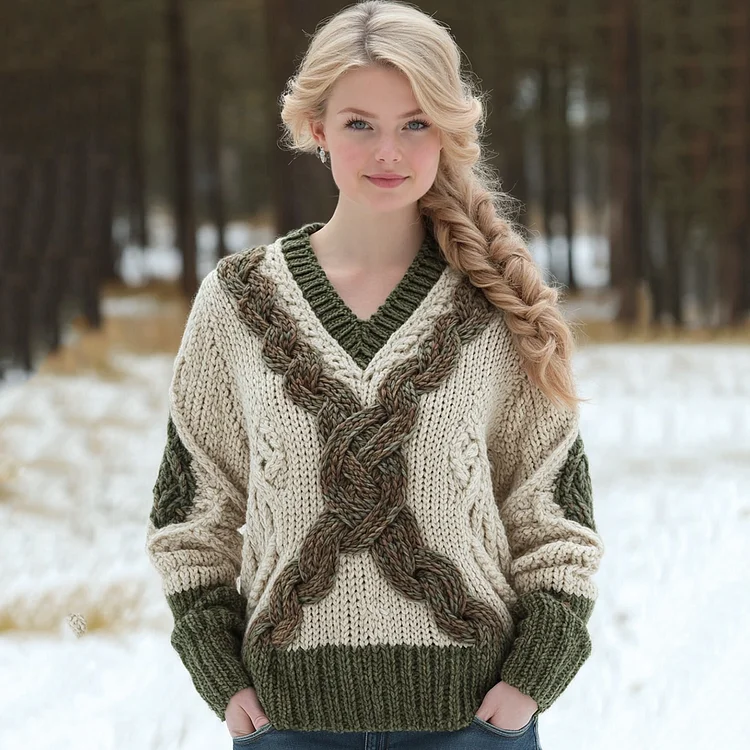 Contrast Jacquard V-neck Knit Sweater