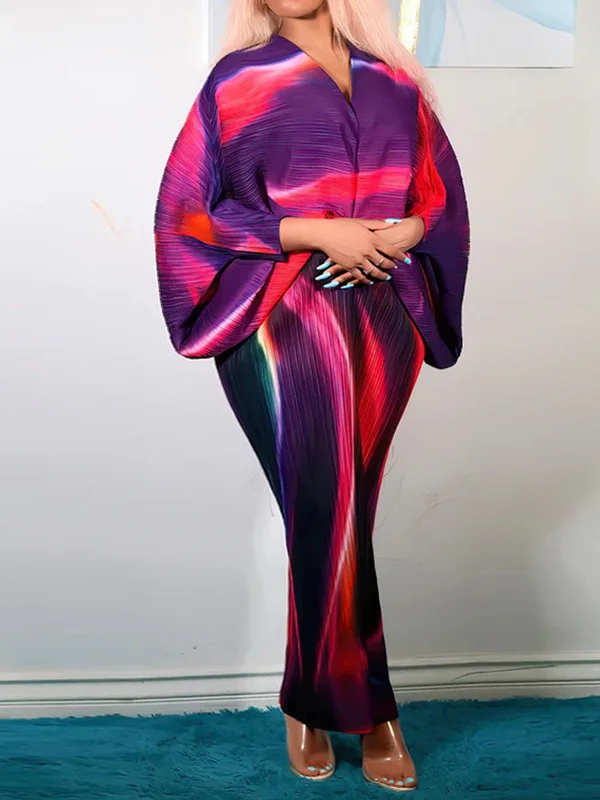 Multi-Colored Printed Batwing Sleeves Half Sleeves V-neck Midi Dresses