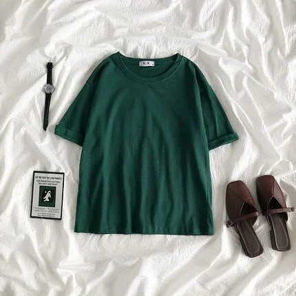 Summer Tee Shirt Solid Color Basic T-Shirt Women Casual O-neck Harajuku Top Korean Hipster Cotton Basic Tshirt