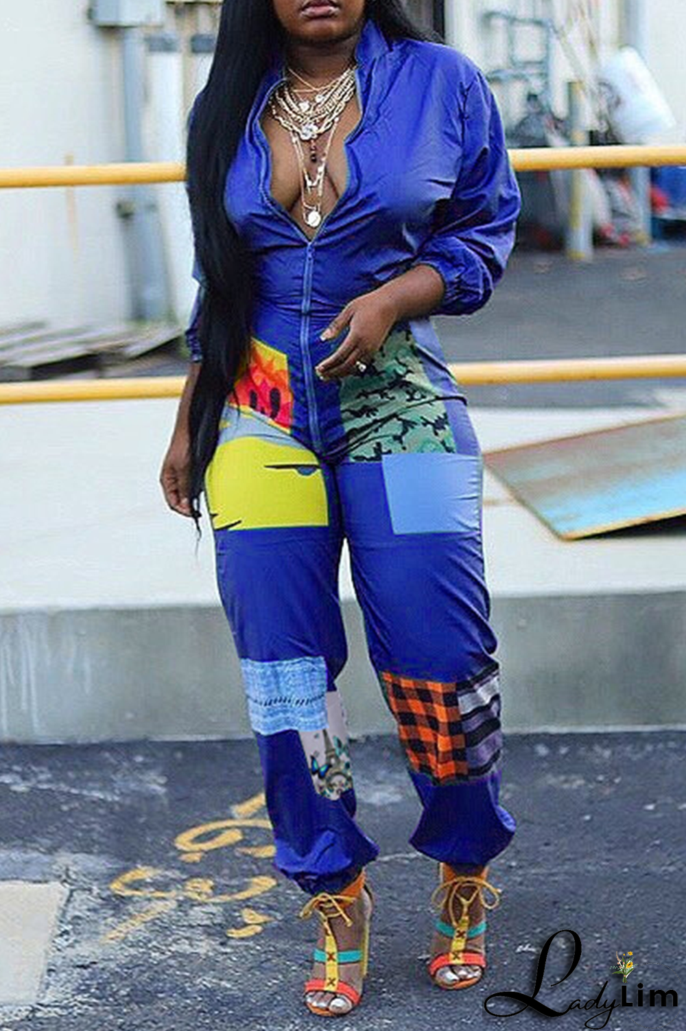 Black Sexy Patchwork Colorblock Printing O Neck Jumpsuits
