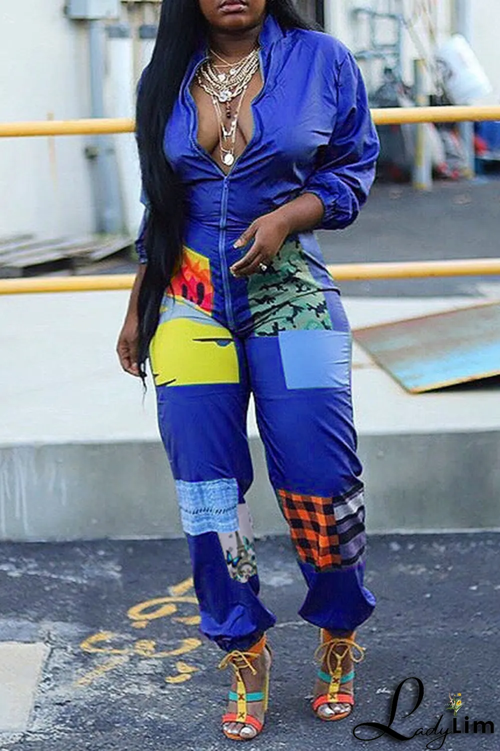 Black Sexy Patchwork Colorblock Printing O Neck Jumpsuits