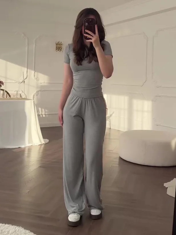 Casual Grey Short-sleeved Top & Wide-leg Pants Suit