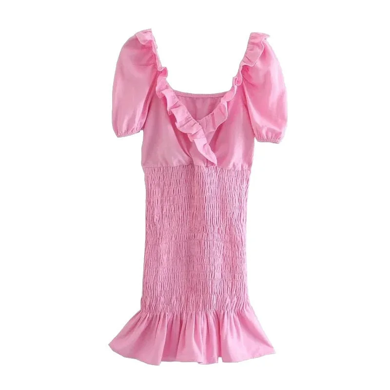 KPYTOMOA Women 2021 Chic Fashion Smocked Elastic Hem Ruffled Linen Mini Dress Vintage V Neck Puff Sleeve Female Dresses Mujer